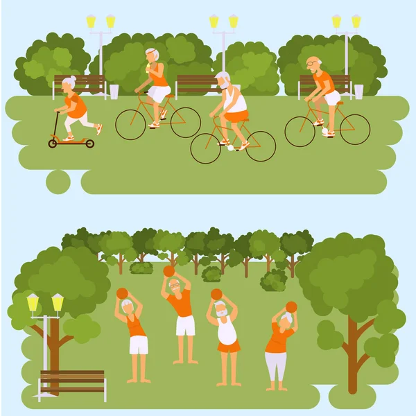 Elderly people doing exercises — Stock Vector