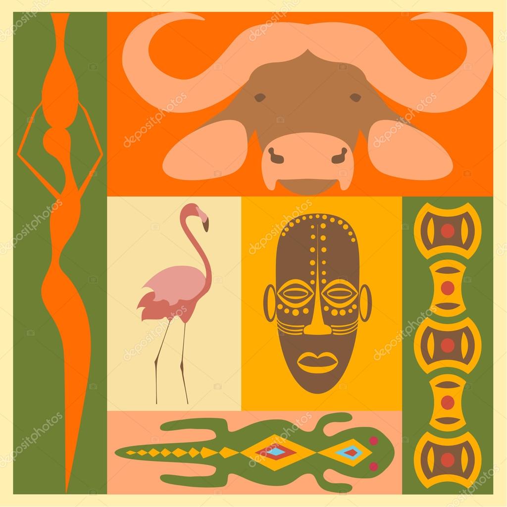 Set of African people, animals and simbol elements and icons in modern fla design. Perfect promotional flyer, booklets and articles. Vector illustration eps10