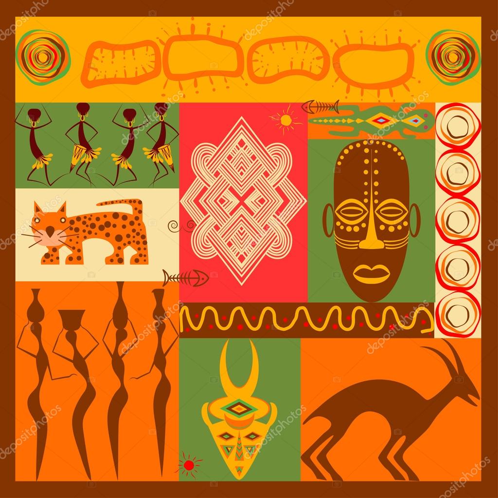 Conceptual ethnic illustration with different african animals, ornament, mask and people made in flat design style Travel to africa banner template Explore the world. Vector eps10