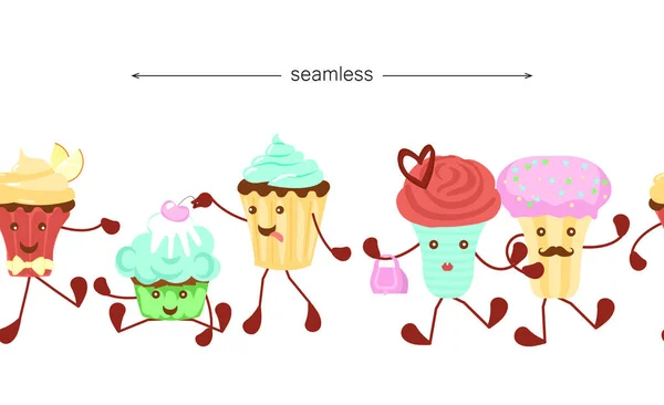 Bordure sans couture avec des caractères cupcake — Image vectorielle
