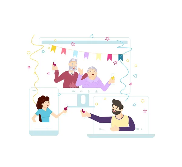 La gente tiene fiesta de cumpleaños en línea — Vector de stock