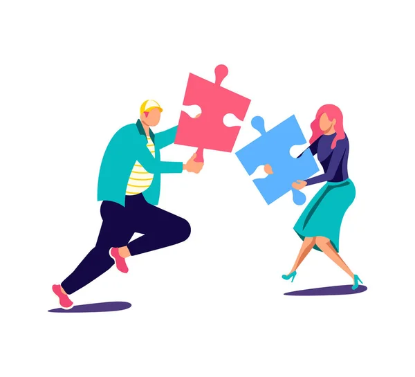 Muž a žena sbírat puzzle — Stockový vektor