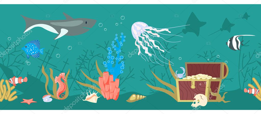 Seamless border with Underwater scene on aquamarine background. Undersea fauna, sea world dwellers, coral reef inhabitants in their natural habitat. Flat Art Vector illustration