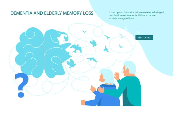 Demenza e modello di pagina web cervello anziani — Vettoriale Stock