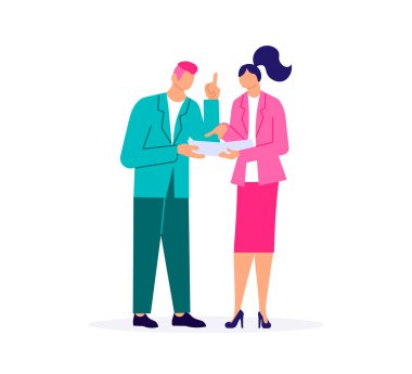 Belge vektörüne bakan işadamı ve işkadını