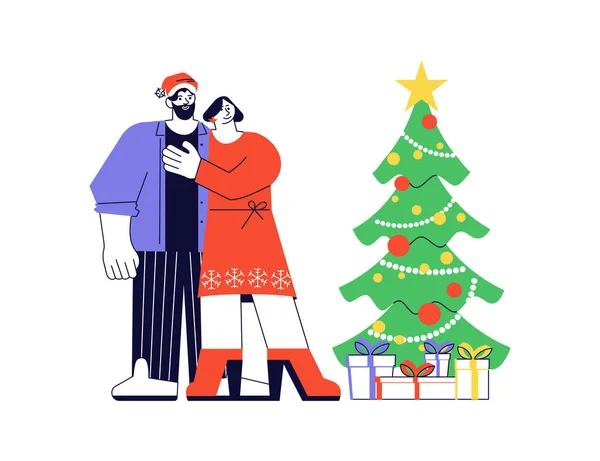 Gente adulta feliz cerca del árbol de Navidad — Vector de stock