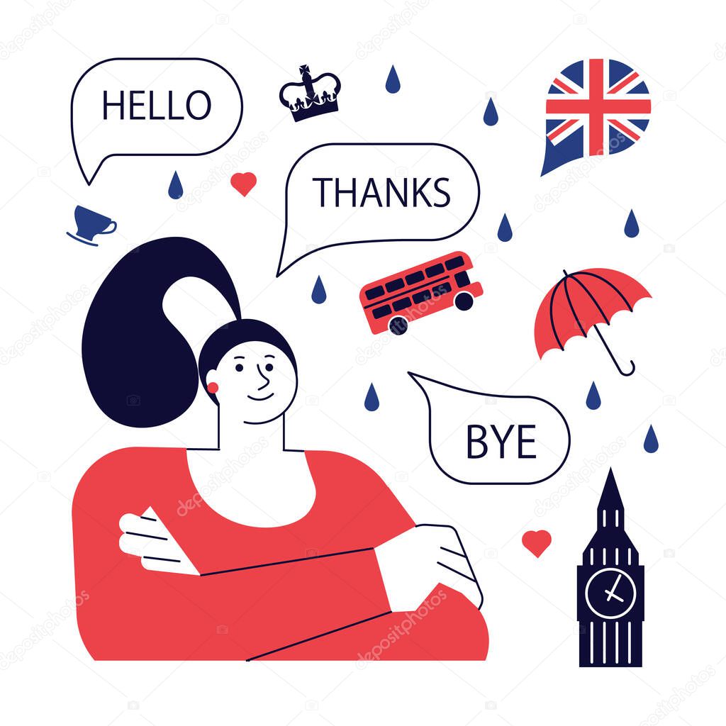 Concept of english language course or school. Female student with England landmarks logos around. Vector Illustration