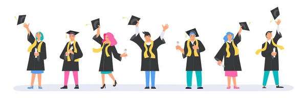 Conjunto de personas de graduación feliz con vestido académico — Vector de stock