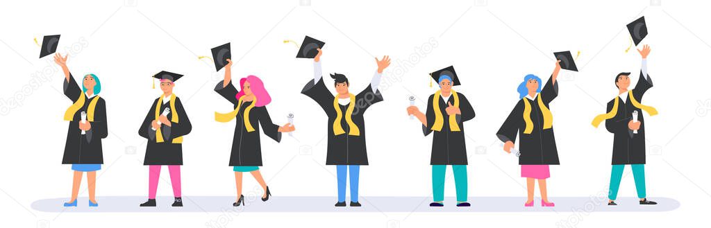 Set of happy Graduation people wearing academic gown