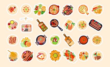 Yemeklerle süslenmiş şirin yapışkan etiketler.