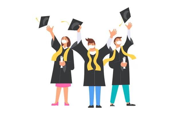 Šťastní absolventi muži a ženy hodí akademické čepice nahoru — Stockový vektor