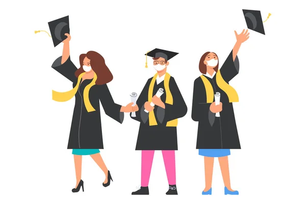 Happy graduates men and woman throws the academic caps up — Stock Vector