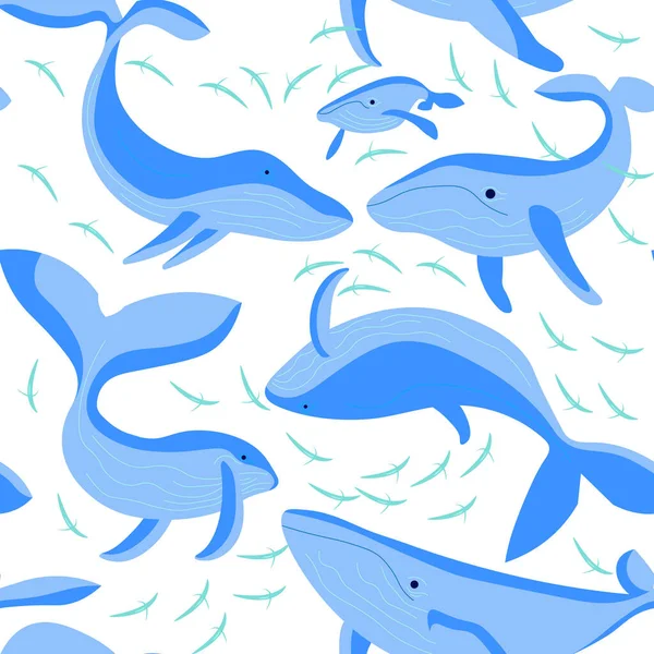 Padrão de roupa interior sem costura com baleias azuis no fundo branco — Vetor de Stock