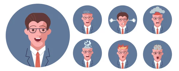 Férfi arcérzések sorozata. Szakállas ember emoji karakter különböző kifejezésekkel. Vektor illusztráció rajzfilm stílusban — Stock Vector