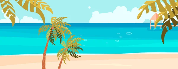 Mare costa paesaggio panoramico con spiaggia di sabbia e palme — Vettoriale Stock