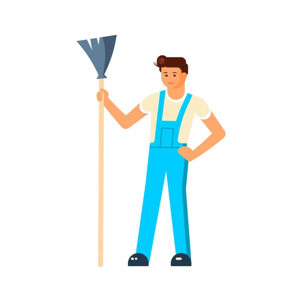 Чоловічий прибиральник з мопедом, одягнений у робочий одяг — стоковий вектор