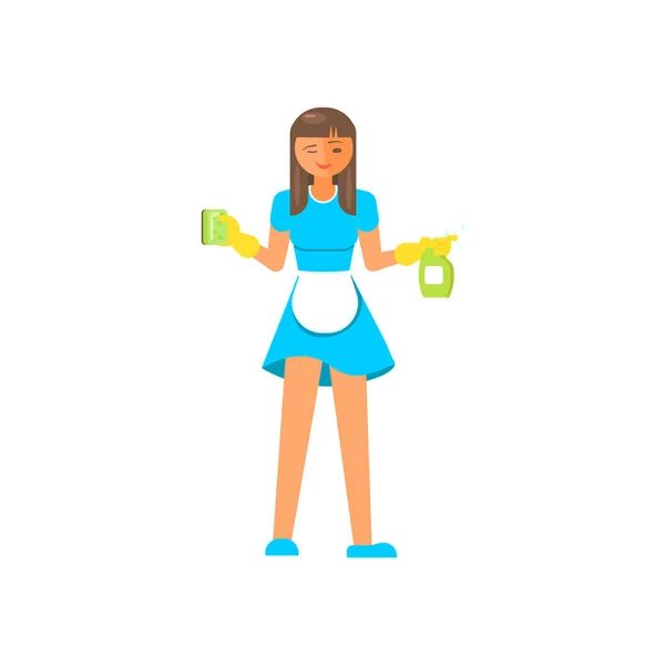 Feminino limpador amigável com detergentes vestidos com roupas de trabalho — Vetor de Stock
