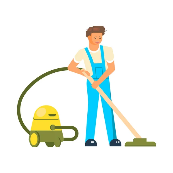 Manlig vänlig rengöring med en dammsugare klädd i arbetskläder — Stock vektor