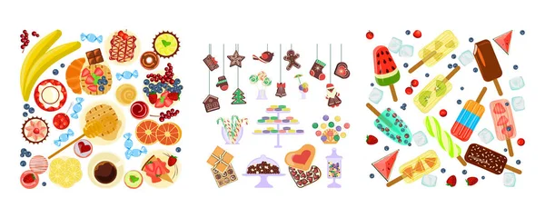 Kwadratowe kompozycje z kolorowymi różnymi zestawami żywności — Zdjęcie stockowe
