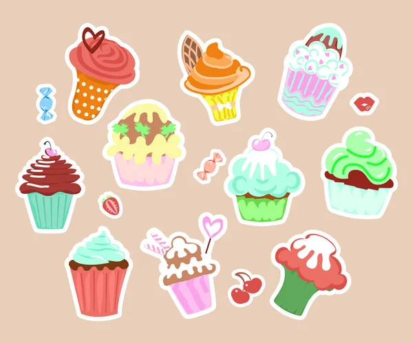 Set of funny cupcakes stickers for scrapbook. — Stock Vector