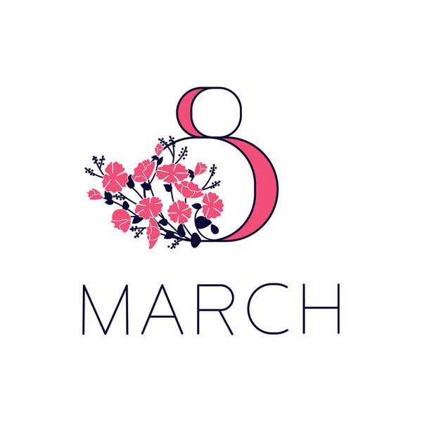 Greeting card of March 8. Postcard with text and flowers.