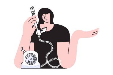 Siyah tişörtlü genç bayan retro telefondan konuşuyor..