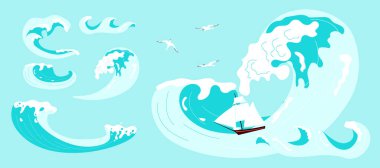 Su sıçratan deniz ya da okyanus dalgaları seti, tepe dizaynı köpük..