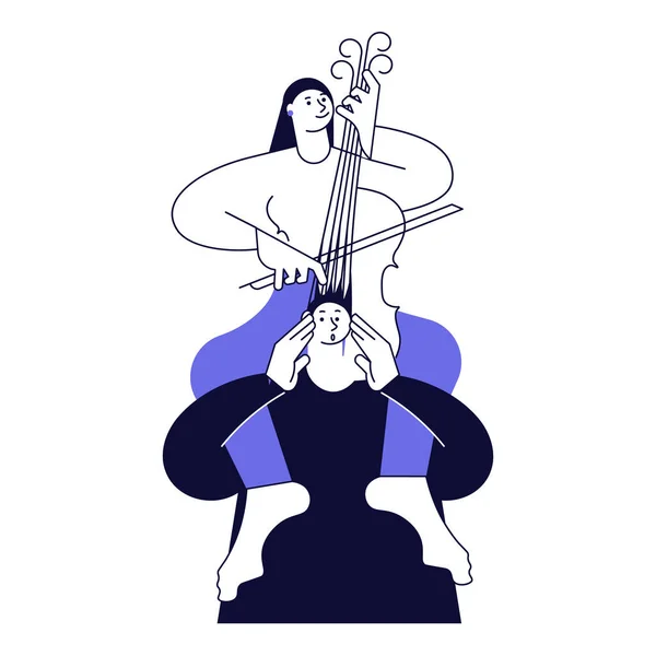 Een vrouw zit op een mans nek en speelt op zijn haar als een cello. — Stockvector