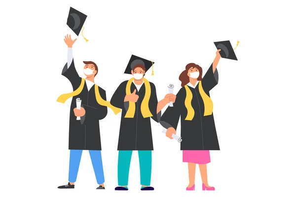 Feliz graduados hombres y mujeres arroja los límites académicos — Foto de Stock