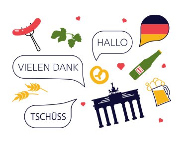 Geleneksel Almanya kültür sembolleri, nesneler ve kabarcık konuşmaları seti