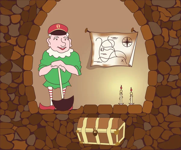 Gnome mitológico engraçado bonito com uma pá encontrou um baú do tesouro — Vetor de Stock