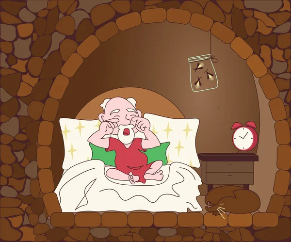 Amuzant drăguț gnome mitologic trezit dimineața în patul lui — Vector de stoc