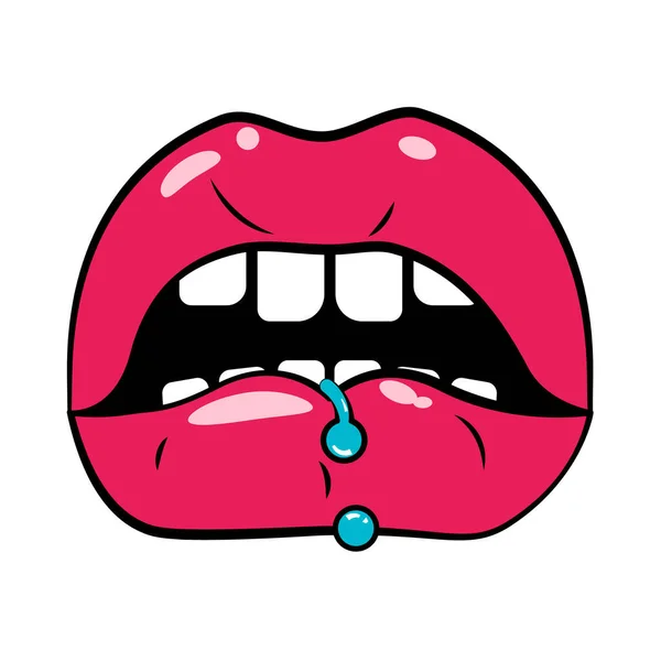 Czerwone otwarte usta ze srebrną przekłutą wargą — Zdjęcie stockowe