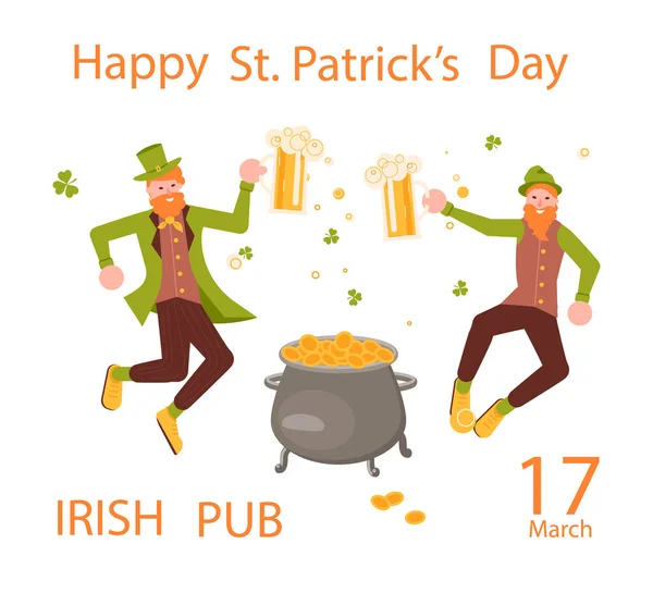 St. Patricks Day Grußkarte. Fröhliche Kobolde mit Bierkrug springen. — Stockfoto