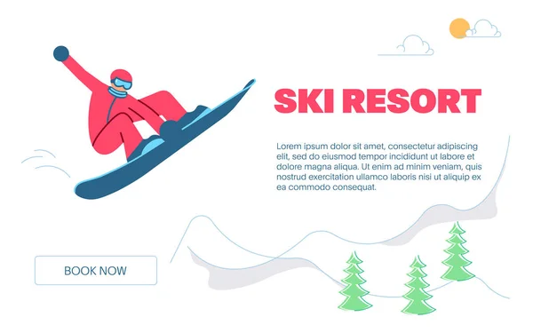Snowboardcu kışın dağ manzarasında zıplıyor. — Stok Vektör