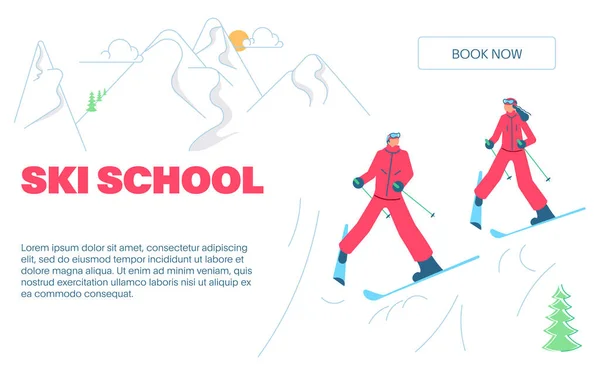 Groupe de skieurs de montagne apprenant à skier sur piste — Image vectorielle