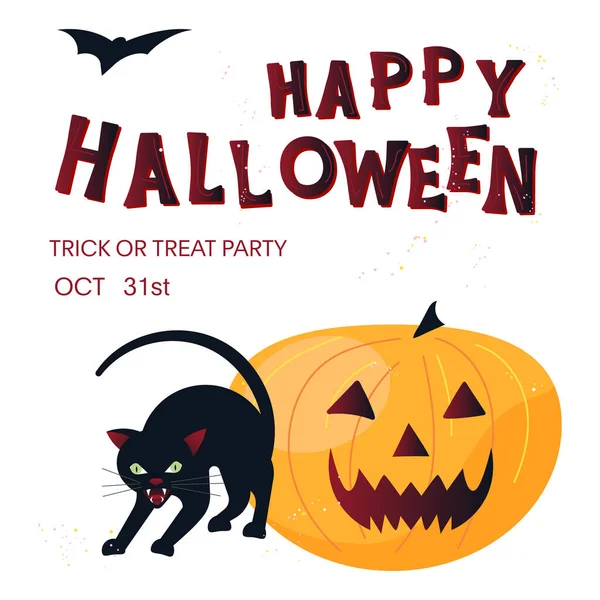 Glad Halloween affisch med orange pumpa och svart katt — Stock vektor