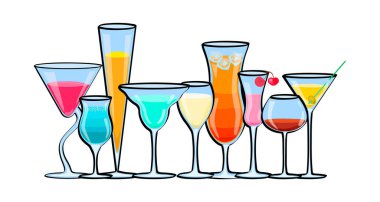 Beyaz arka planda izole edilmiş egzotik alkollü kokteyller..