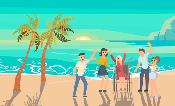 Hommes et femmes dansant lors d'une fête sur la plage tropicale — Image vectorielle