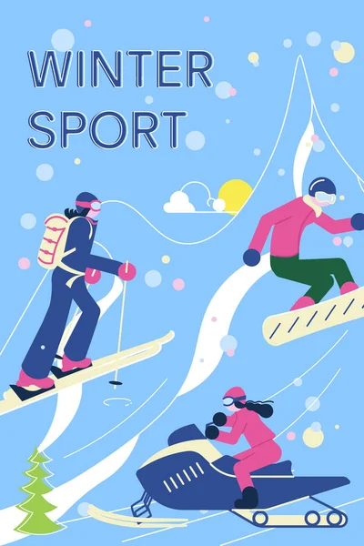 Zimowy sztandar sportowy z narciarzami, snowborders i snowsport zabawy. — Wektor stockowy