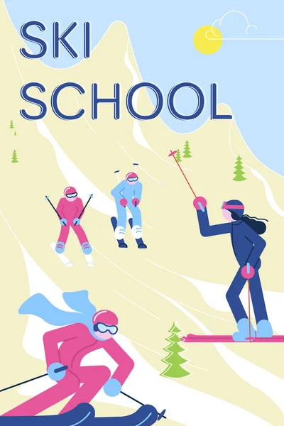 Ski Schoolbanner with group of student skiers with instructor. — Stock Vector