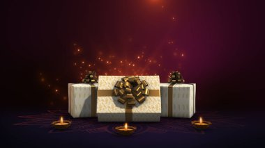 Festive Gift Boxes with Glowing Diyas and Golden Particles