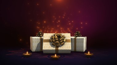 Festive Gift Boxes with Glowing Diyas and Golden Particles