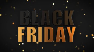 Siyah Cuma tipografisi, gri arka planda altın konfetiyle siyah ve altın rengi.