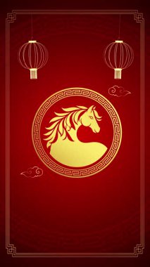 Zodiac At ve Fenerli Çin Yeni Yıl Kırmızı Arkaplanı