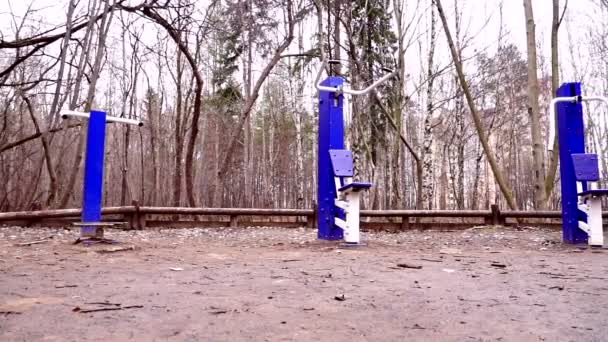 Природа, самотнє фітнес тренажерне обладнання в лісі, лялькова стрілянина . — стокове відео