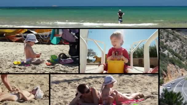 Podział ekranu, wieloekranowy, szczęśliwe rodziny, nad morzem, wakacje. — Wideo stockowe