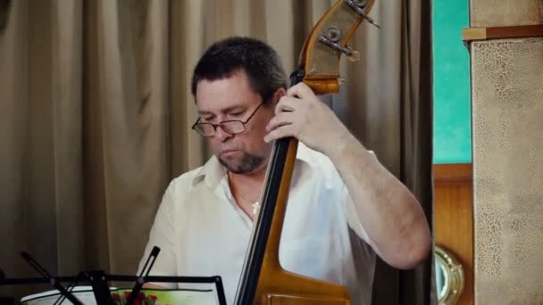 Ein Musiker spielt Kontrabass, Jazzband. — Stockvideo
