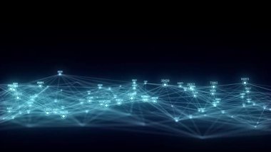 Hareket noktalarıyla parlayan mavi dalga ve dijital göstergelerle çizgiler. Soyut dijital arkaplan. Bağlantı bilgilerini algıla. Fütürist teknoloji arkaplanı. 3B görüntüleme.