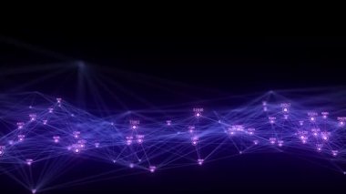 Hareket noktalarıyla parlayan mor dalga ve dijital göstergelerle çizgiler. Soyut dijital arkaplan. Bağlantı bilgilerini algıla. Fütürist teknoloji arkaplanı. 3B görüntüleme.